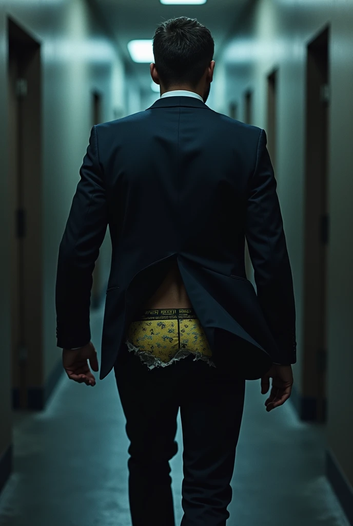 A handsome FBI agent has a big hole in the back of his pants during a mission exposing his funny whimsical briefs