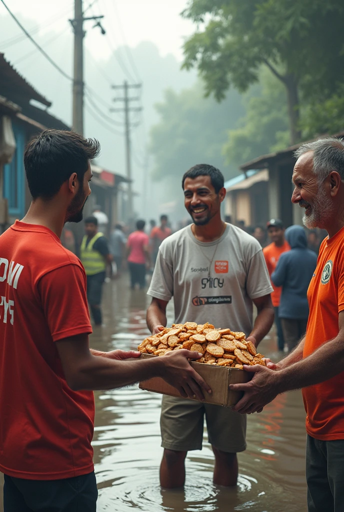 A picture of a social organisation where "Special Fifty" will be written and in background 2 man are giving food on flood area

