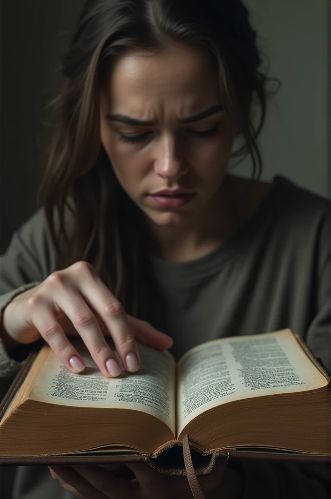 Image: A hand holding an open Bible with a doubtful face looking at it.