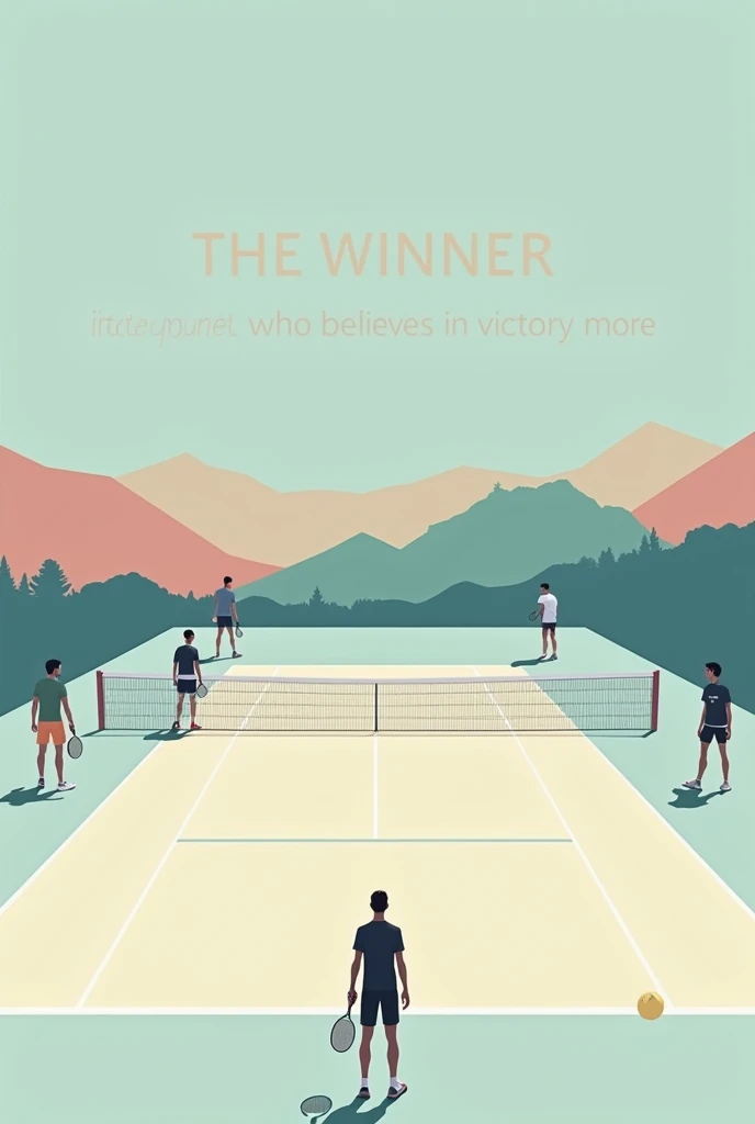 Minimalist and realistic square-sized image of Novak Djokovic with Jannik Sinner, Rafael Nadal, Carlos Alcaraz, and Andrey Rublev playing a match. In the background a tennis court, with soft and pretty colors, with the English phrase of Novak Djokovic: “The winner is the one who believes in victory more”. It is important that Novak and the phrase are the protagonists of the image.