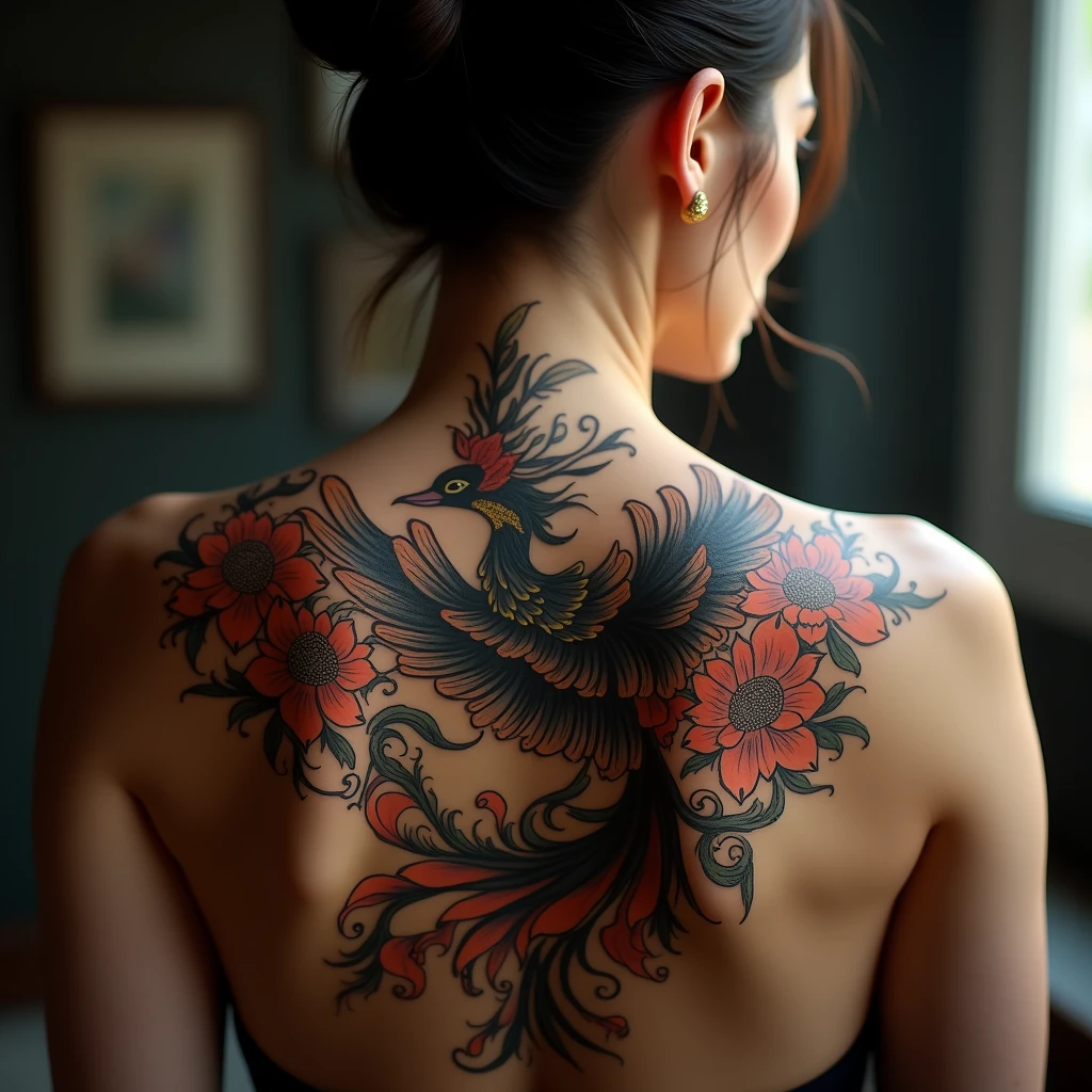 Woman with oriental phoenix tattoo on her back、Close up on the back tattoo