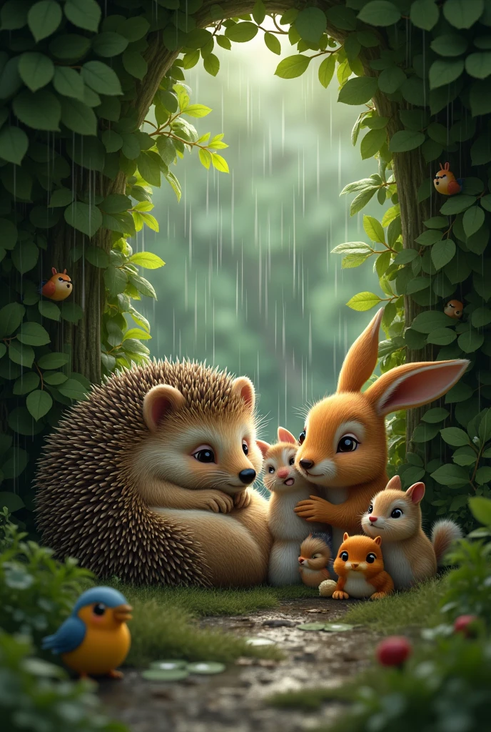 Hedgehog curled up in a tall bush while it rains with a cute hare and too many other varieties of animals like rabbits, Birds and squirrels huddle next to him
