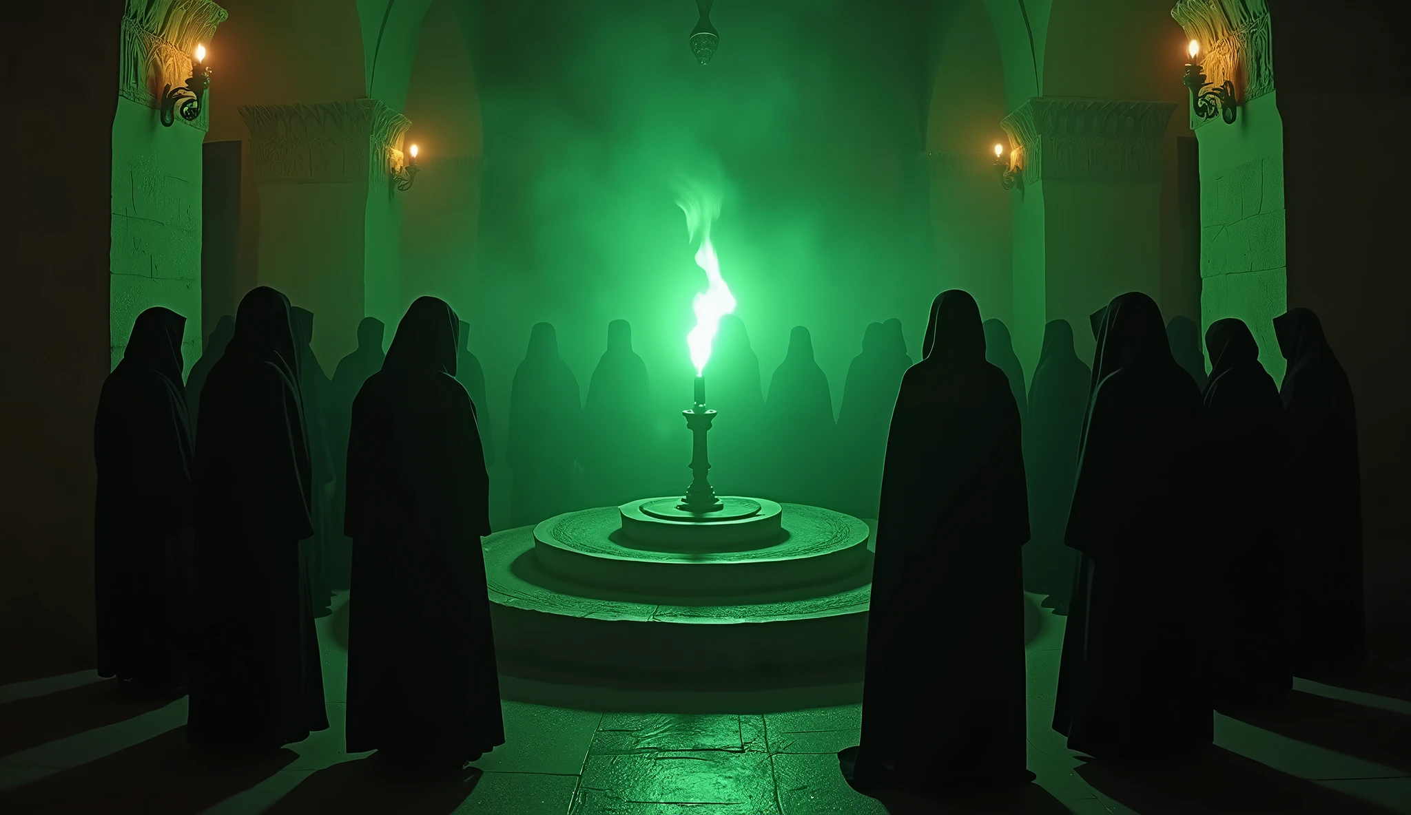 8k、(High angle), (number々の賞を受賞したmasterpiece、Incredible detail、Texture、Maximum details),green flame candle, (summoning magic),(St George's Church in Lalibela at night (Church of Saint George) - Ethiopia), (dark ritual),(dark organization)arafed image of a group of people in a church with candles,lit candle, dark cinematic concept art, elegant cinematic fantasy art, photorealistic dark concept art, by Beeple, dark robes, wojtek fus, gothic epic library concept, gothic epic library, epic cinematic concept art, dark concept art, Beeple and mike winkelmann, symmetrical epic fantasy art, High resolution, masterpiece, Highest quality, Intricate details, Very detailed, Clear focus, practical skin texture, texture, Shot with Canon, 85mm, Shallow and deep, Kodak Vision Color, Exactly, Very detailed, photograph_\(Extremist\), photographpractical, practical, Post-processing, Maximum details, Roughness, Real Life, Extremist practical, Photorealism, photographgraphy, 8K Ultra HD, photographgraphy