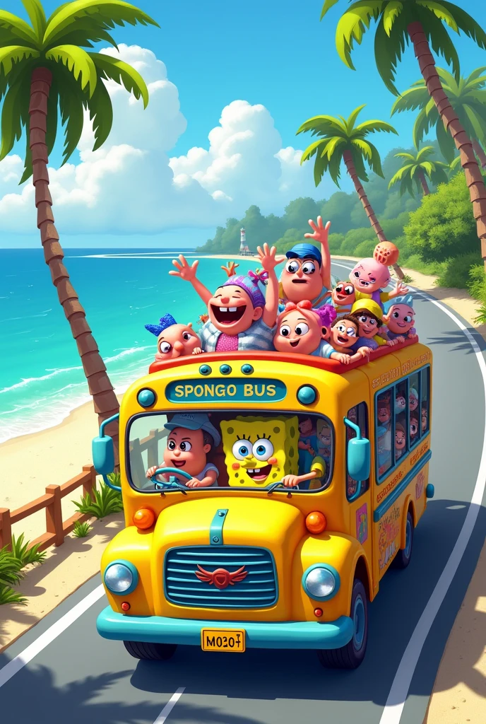 I want a picture of Spongebob driving a bus full of passengers on the way to the beach or something crazy 