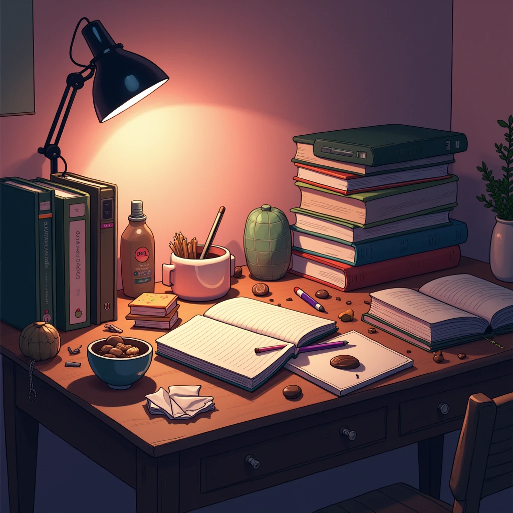 Close up of a table at night with waste water, cloth, books, snacks, chocolate, pink wall background, cute elements, hyperrealistic idea 
