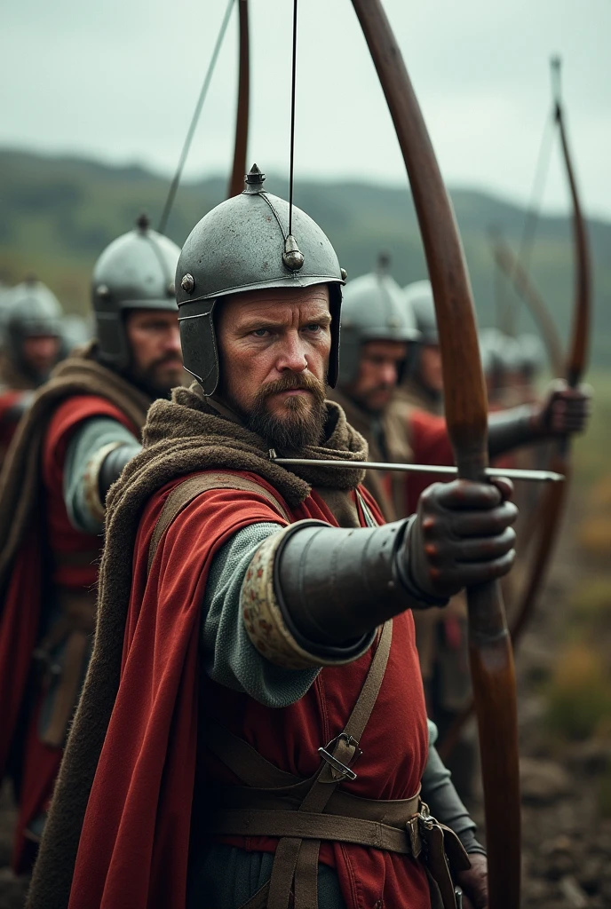A group of English soldiers with bows and arrows, at the Battle of Agincourt, 1415"