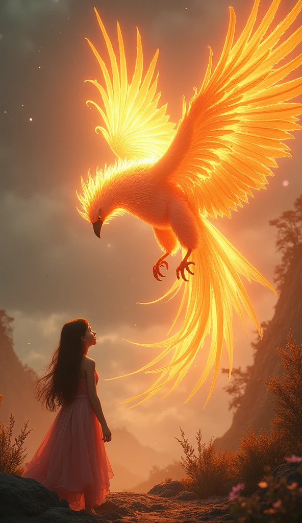 A beautiful detailed phoenix bird, a young girl, highly detailed, photorealistic, 8k, best quality, masterpiece, ultra-detailed, intricate details, dramatic lighting, vivid colors, glowing phoenix, girl with flowing hair, girl gazing at phoenix, fantasy landscape, cloudy sky, golden light