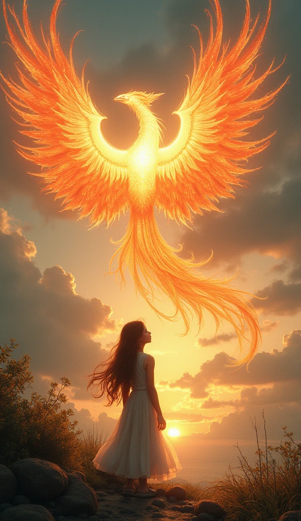 A beautiful detailed phoenix bird, a young girl, highly detailed, photorealistic, 8k, best quality, masterpiece, ultra-detailed, intricate details, dramatic lighting, vivid colors, glowing phoenix, girl with flowing hair, girl gazing at phoenix, fantasy landscape, cloudy sky, golden light