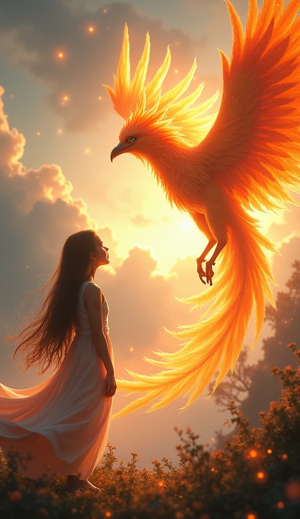 A beautiful detailed phoenix bird, a young girl, highly detailed, photorealistic, 8k, best quality, masterpiece, ultra-detailed, intricate details, dramatic lighting, vivid colors, glowing phoenix, girl with flowing hair, girl gazing at phoenix, fantasy landscape, cloudy sky, golden light