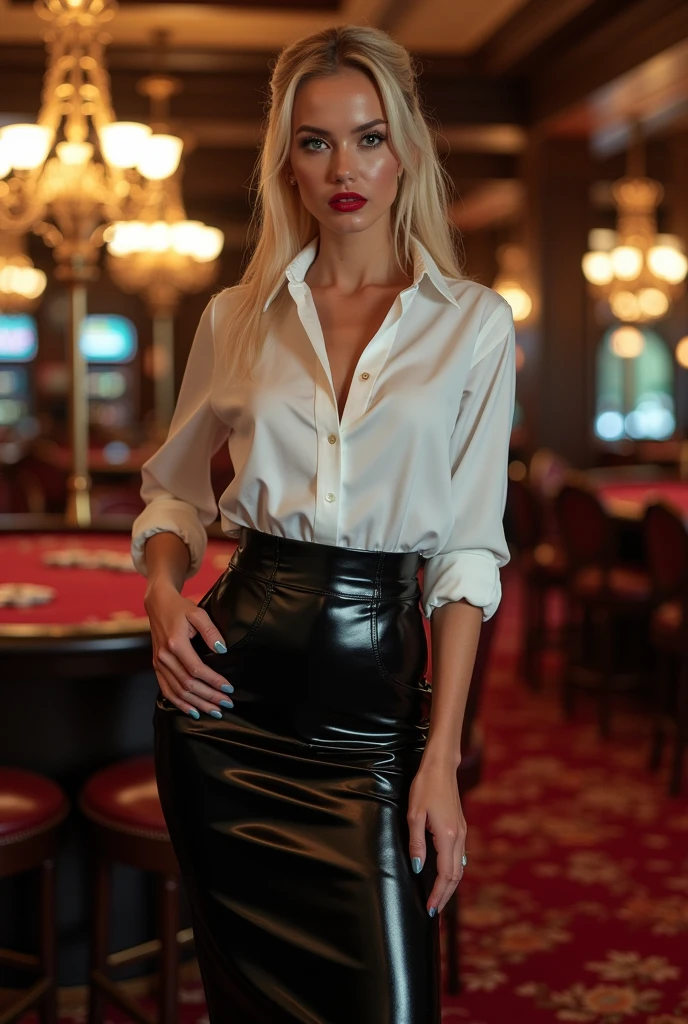 Georgina rodriguez femdom latex white shirt
Long latex black ankle length skirt, red lipstick full body photo casino long blonde ponytail hairstyle make-up full body photo high heels