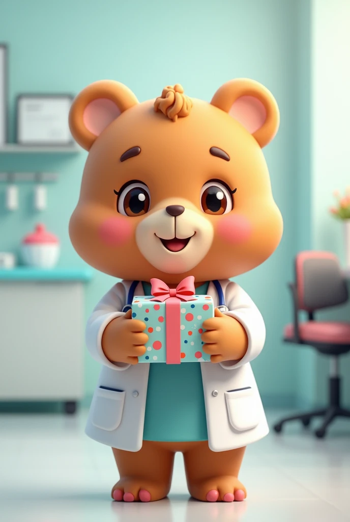 a cute female bear wearing doctor clothes, with a smile, giving a gift