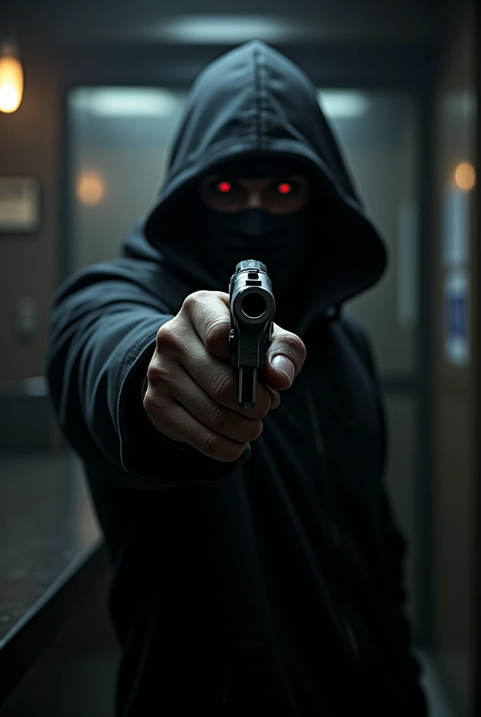 The robber holds a gun