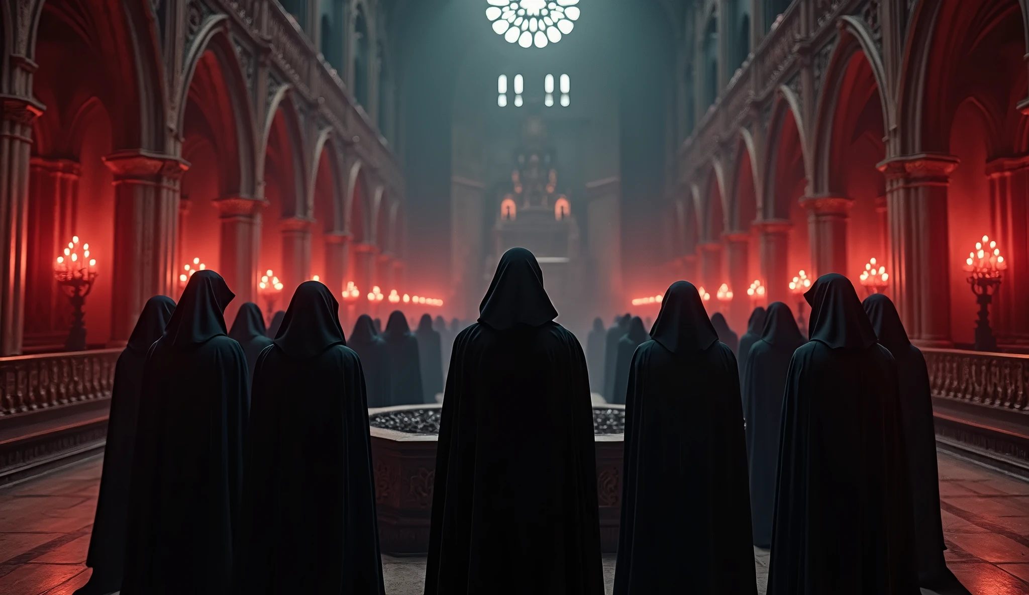 8k、(High angle), (number々の賞を受賞したmasterpiece、Incredible detail、Texture、Maximum details),red flame candle, (summoning magic),(St George's Church in Lalibela at night (Church of Saint George) - Ethiopia), (dark ritual),(dark organization)arafed image of a group of people in a church with candles,lit candle, dark cinematic concept art, elegant cinematic fantasy art, photorealistic dark concept art, by Beeple, dark robes, wojtek fus, gothic epic library concept, gothic epic library, epic cinematic concept art, dark concept art, Beeple and mike winkelmann, symmetrical epic fantasy art, High resolution, masterpiece, Highest quality, Intricate details, Very detailed, Clear focus, practical skin texture, texture, Shot with Canon, 85mm, Shallow and deep, Kodak Vision Color, Exactly, Very detailed, photograph_\(Extremist\), photographpractical, practical, Post-processing, Maximum details, Roughness, Real Life, Extremist practical, Photorealism, photographgraphy, 8K Ultra HD, photographgraphy