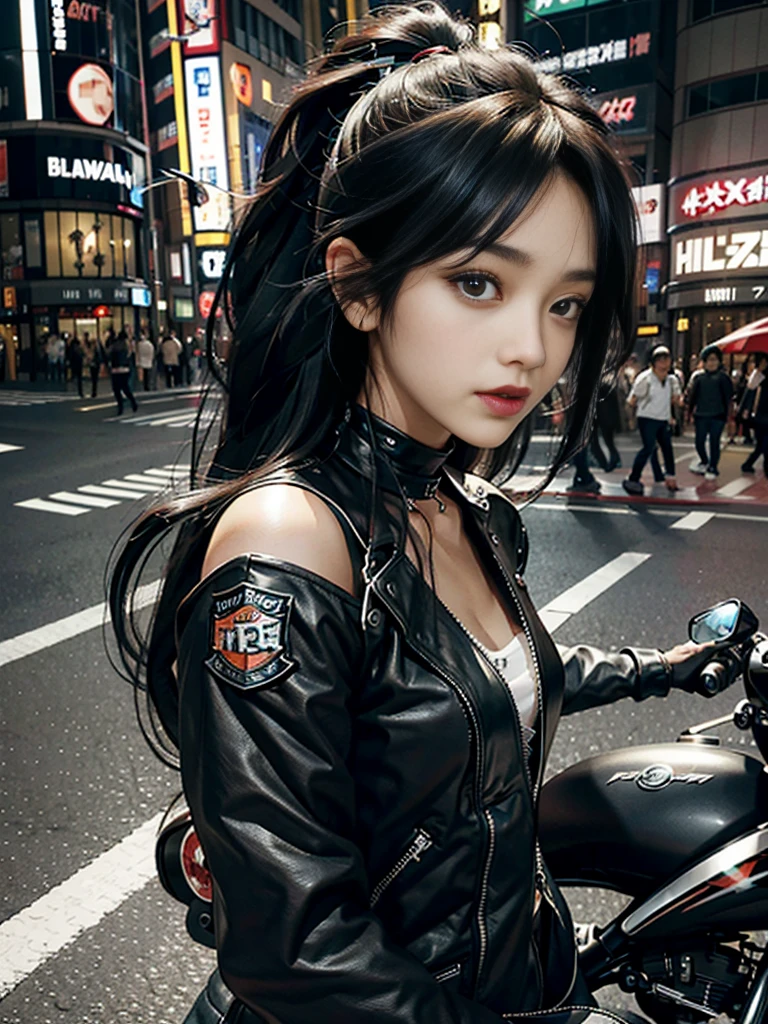 ultra HD、Shibuya City、Black-long haired beauty、Taiwanese、4、Black Harley Davidson Road Glider