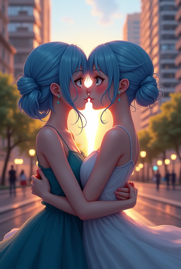 A beautiful 2 anime girl with pale skin and light blue hair, kissing a boy in the city of Buenos Aires, detailed facial features, intricate hairstyle, elegant dress, cityscape background, cinematic lighting, vibrant colors, highly detailed, photorealistic, 8k, masterpiece