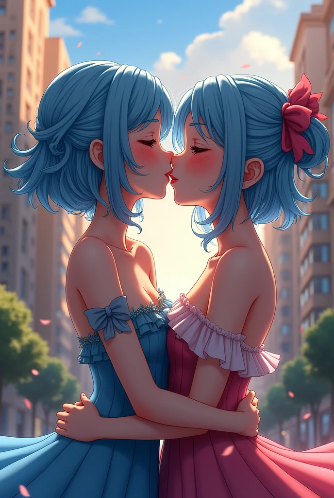 A beautiful 2 anime girl with pale skin and light blue hair, kissing a boy in the city of Buenos Aires, detailed facial features, intricate hairstyle, elegant dress, cityscape background, cinematic lighting, vibrant colors, highly detailed, photorealistic, 8k, masterpiece