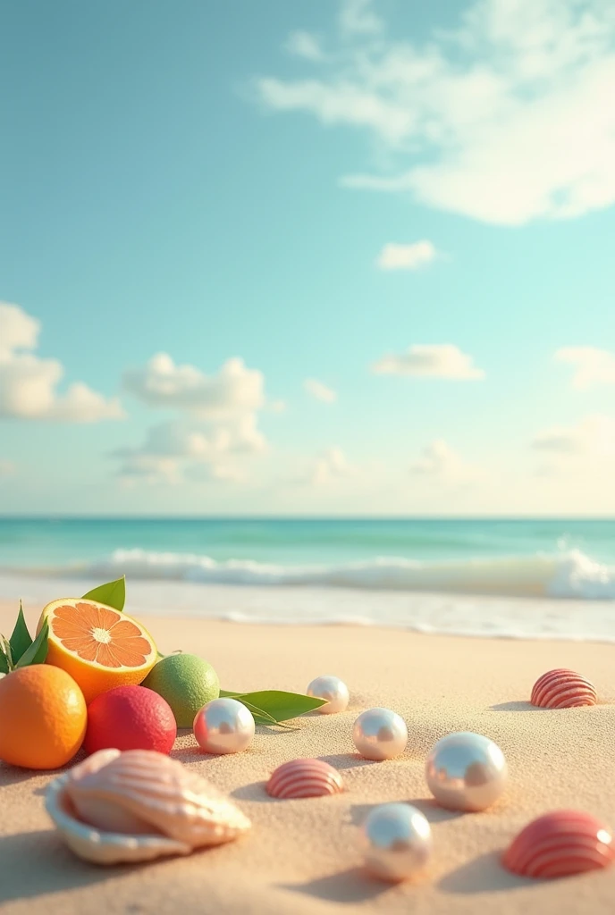 Various pearls and.shells in the sand fruit color