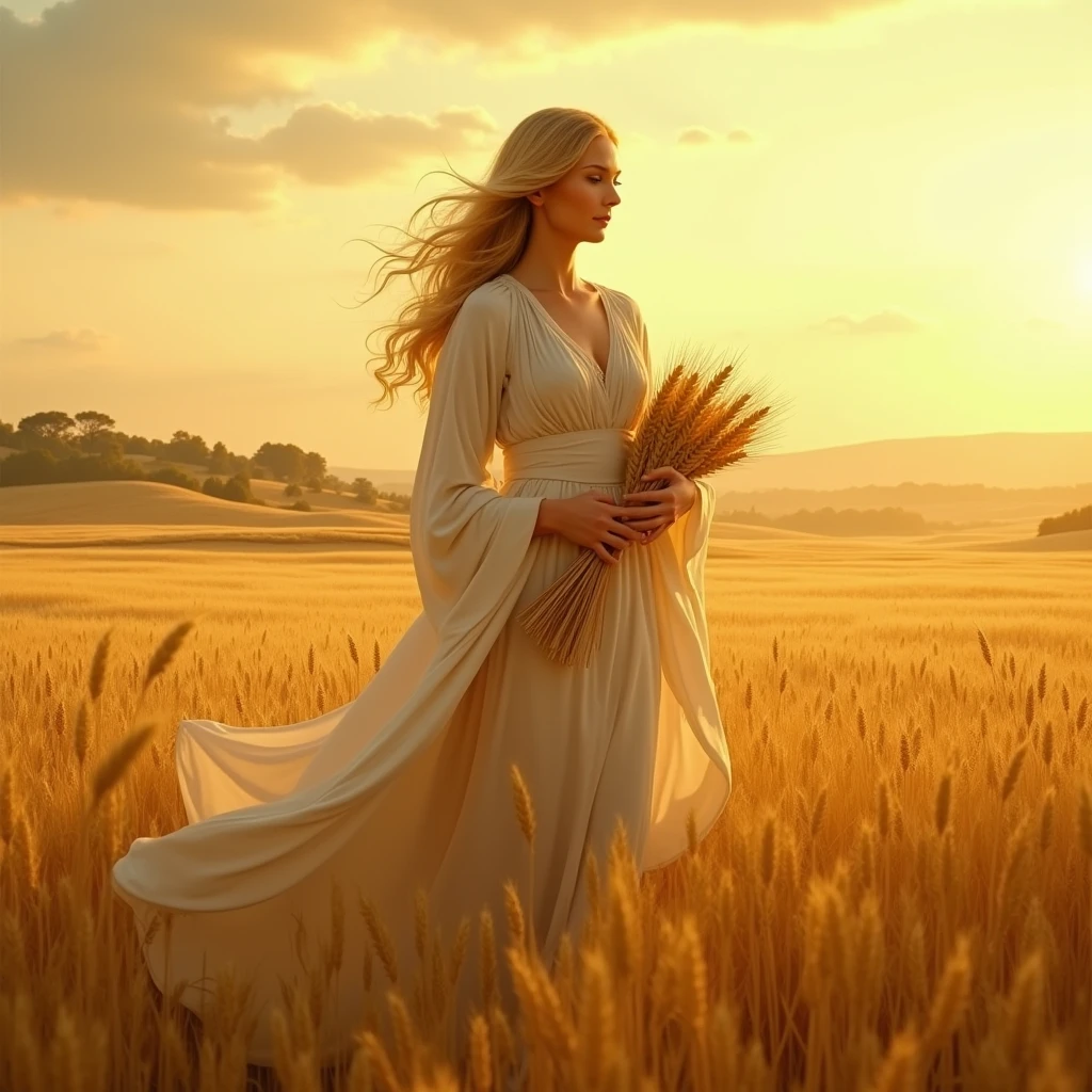 Greek mythology,Goddess of harvest,Suspended in a wheat field,Ears of wheat in hand