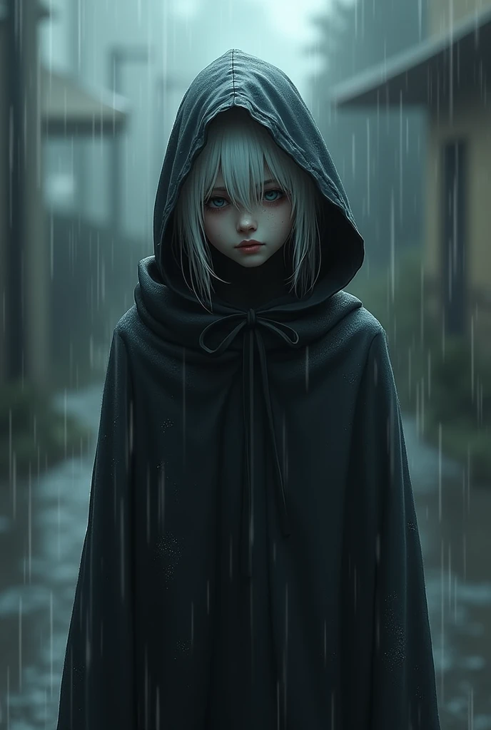 Mask, hoodie,cute,rain,sad, white hair