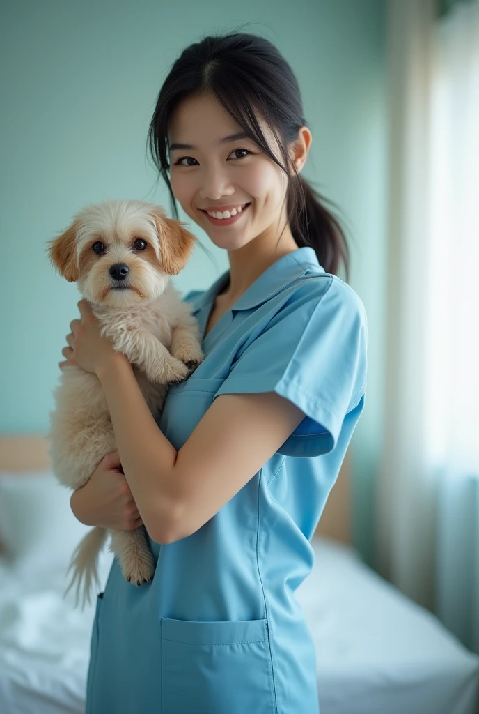 photograph, cowboy shot, woman holding a small dog, smiling beautiful Japanese female nurses wearing nurse uniform, hourglass figure, beautiful detailed face, black hair, pale skin, fair skin, realistic skin, detailed cloth texture, detailed hair texture, Perfect proportion, Anatomically correct, Highly detailed face and skin texture, private modern hospital room, looking at viewer, asian face , perfect anatomy, realistic