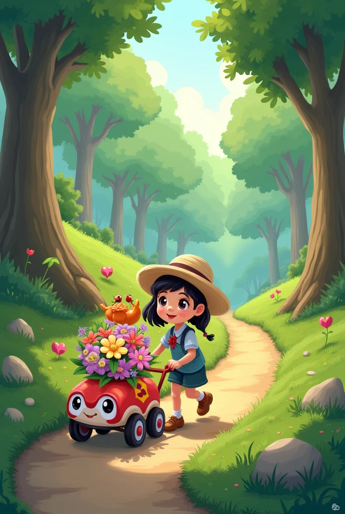 Girl pulling the cart with her left hand,Holding flowers in right hand,Cartoon characters on forest trail,cute