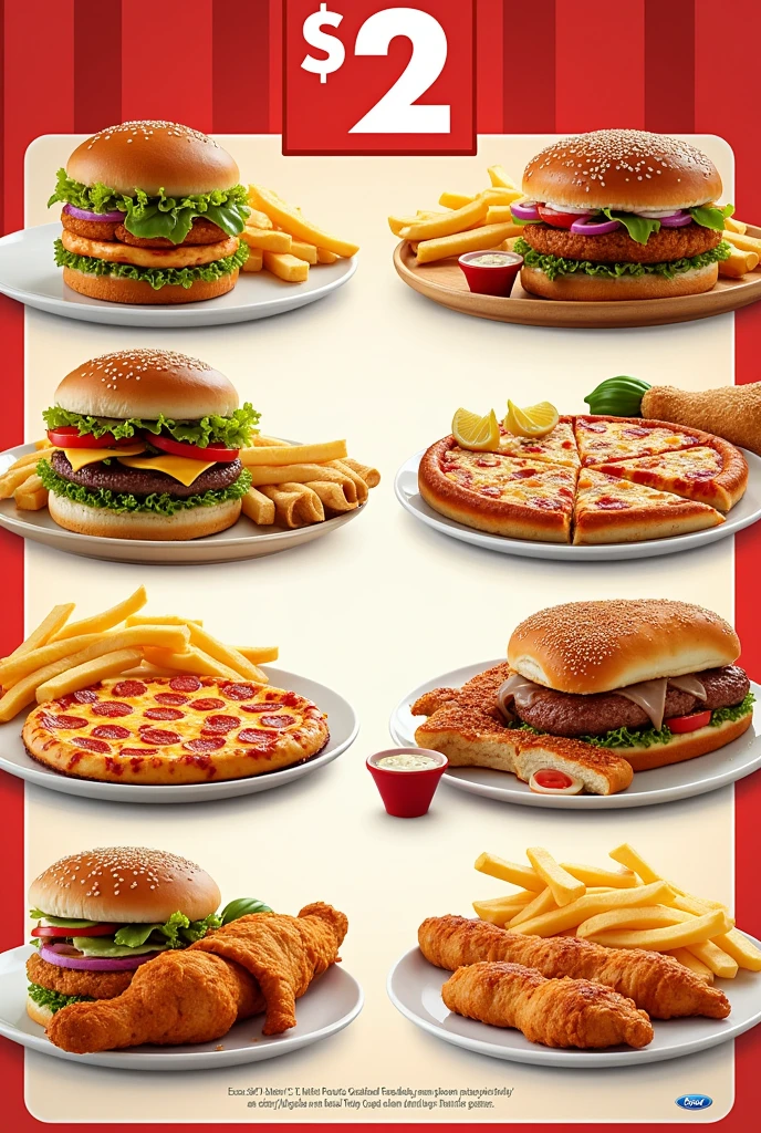 We sell classic fast food like hamburgers, hot dogs, pizza, skewers chicken or meat , and French fries.
Realiza un menú todo a 2$
Todas las imágenes claras