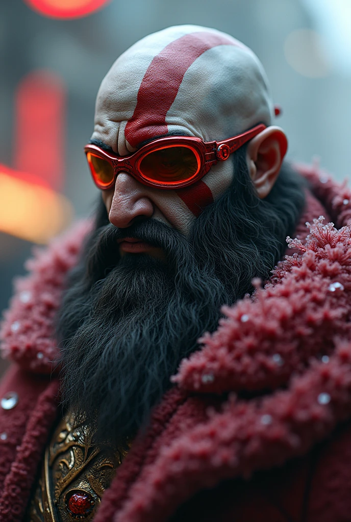 Tilt-shift photo with selective focus, Miniature effect, Blurred background, Very detailed, Energetic, Perspective control, Natural tilt lens (Fantastic的艺术) , Lovely extra (Fluffy: 1.3) Kratos the God of War wearing ral-iontivevisions cyberpunk costume，Wearing futuristic goggles，Goggles made from ral-iontivevisions, ral-iontivevisions land, Macro Photography, (enchanting:1.3), (luminescent:1.2), (Oversized flora:1.1), mystery, Energetic photography, Flashing Light, Dreamy, Fantastic, serene, Soft Focus, Ultra-detailed digital art, Made from ral-crztlgls，Fascinating, flash，Dramatic Lighting, In sharp contrast SeaArt