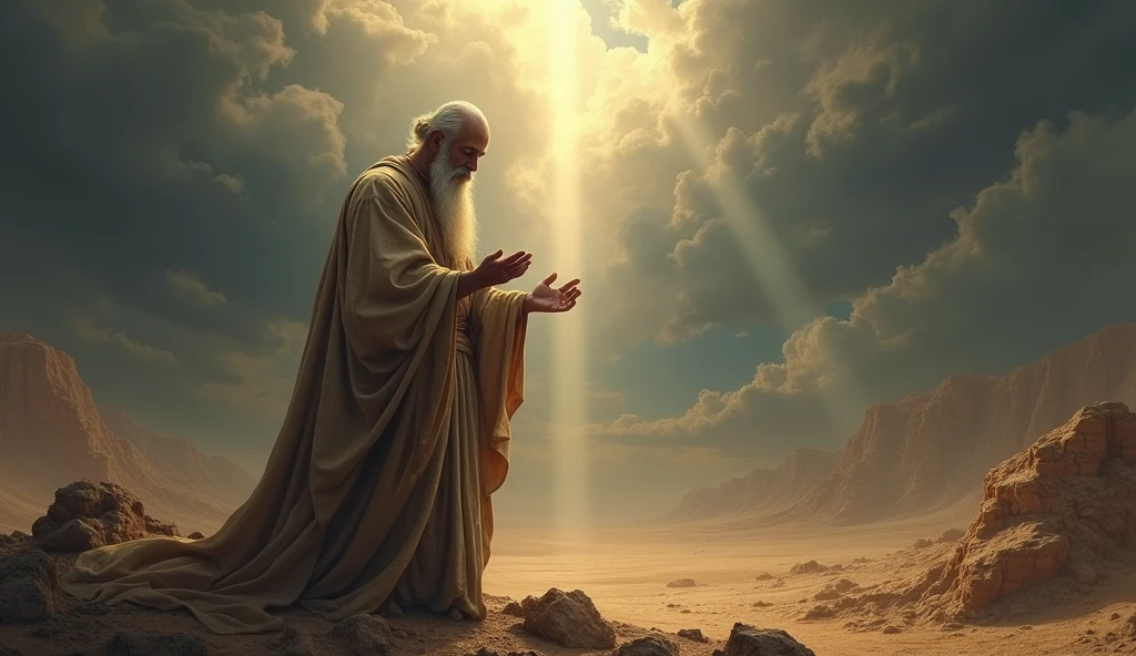 A deeply moving biblical scene showing Job in a state of mourning and humility. He is portrayed standing and looking at the sky with his white beard, his torn clothes and his dirty cloak, in an arid landscape, with his clothes torn and his head shaved as a sign of grief. The surrounding area is barren, reflecting the desolation he feels. Despite the crushing loss, Job is shown in a posture of worship, with his hands open as he prays. The sky above is a mixture of dark clouds and a small ray of light, symbolizing his unshakable faith in God even in the midst of profound suffering, as described in the story of Job. sun