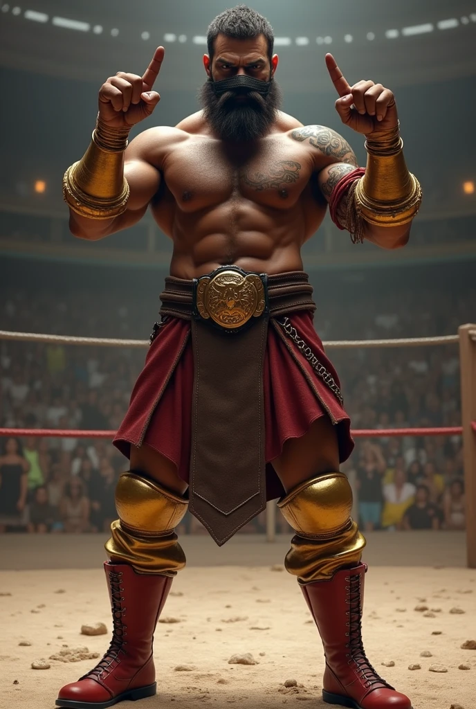 fighter, standing golden leggings with red boot, with a mask that covers the entire head, He has a short dark brown beard with brown skin, a bare torso but with golden sleeves, his right arm raised with two fingers raised towards the temple and the other hand extended with the fingers open, he is on a ring