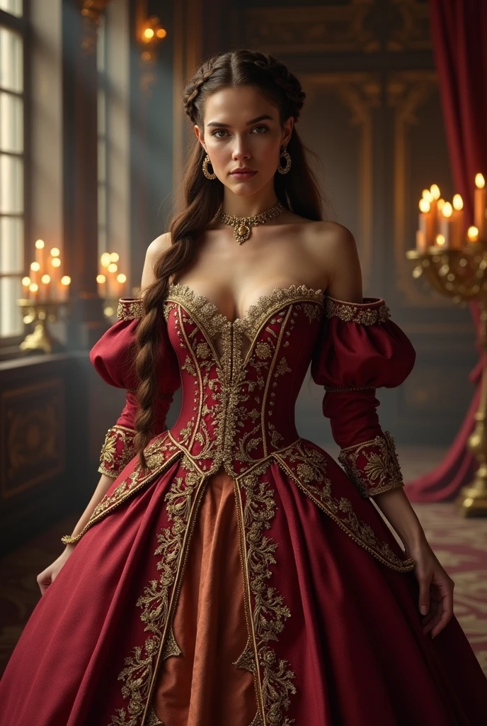 (Best quality, 4K, high resolution, masterpiece:1.2), A visual depiction of Lady Seraphina d’Aurelis in her luxurious court gown, set in a dark fantasy Renaissance Era theme. Lady Seraphina is shown in a grand, ornate gown that reflects her status as the daughter of the city's ruler. The provocative and daring gown is rich in detail, made of deep crimson and gold fabric, with intricate embroidery and jewels adorning the bodice and sleeves. Her chestnut brown hair is styled in elegant braids, adorned with delicate jewels. Lady Seraphina stands with grace and poise, embodying nobility and strength. The background suggests a grand hall within the palace, with tall windows, heavy drapes, and flickering candlelight. The depiction is in a realistic, high-detail oil painting style, capturing the elegance and regal presence of Lady Seraphina in her finest attire.