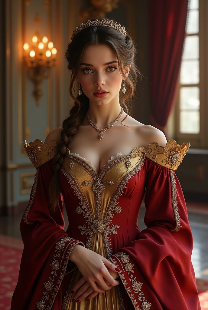  (Best quality, 4K, high resolution, masterpiece:1.2), A visual depiction of Lady Seraphina d’Aurelis in her luxurious court gown, set in a dark fantasy Renaissance Era theme. Lady Seraphina is shown in a grand, ornate gown that reflects her status as the daughter of the city's ruler. The provocative and daring gown is rich in detail, made of deep crimson and gold fabric, with intricate embroidery and jewels adorning the bodice and sleeves. Her chestnut brown hair is styled in elegant braids, adorned with delicate jewels. Lady Seraphina stands with grace and poise, embodying nobility and strength. The background suggests a grand hall within the palace, with tall windows, heavy drapes, and flickering candlelight. The depiction is in a realistic, high-detail oil painting style, capturing the elegance and regal presence of Lady Seraphina in her finest attire.