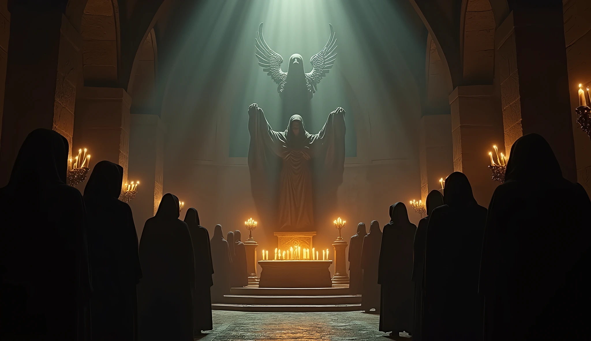 8k、(Extreme low angle), (number々の賞を受賞したmasterpiece、Incredible detail、Texture、Maximum details),red flame candle, (summoning magic),(St George's Church in Lalibela at night (Church of Saint George) - Ethiopia), (dark ritual),(dark organization)arafed image of a group of people in a church with candles,lit candle, dark cinematic concept art, elegant cinematic fantasy art, photorealistic dark concept art, by Beeple, dark robes, wojtek fus, gothic epic library concept, gothic epic library, epic cinematic concept art, dark concept art, Beeple and mike winkelmann, symmetrical epic fantasy art, High resolution, masterpiece, Highest quality, Intricate details, Very detailed, Clear focus, practical skin texture, texture, Shot with Canon, 85mm, Shallow and deep, Kodak Vision Color, Exactly, Very detailed, photograph_\(Extremist\), photographpractical, practical, Post-processing, Maximum details, Roughness, Real Life, Extremist practical, Photorealism, photographgraphy, 8K Ultra HD, photographgraphy