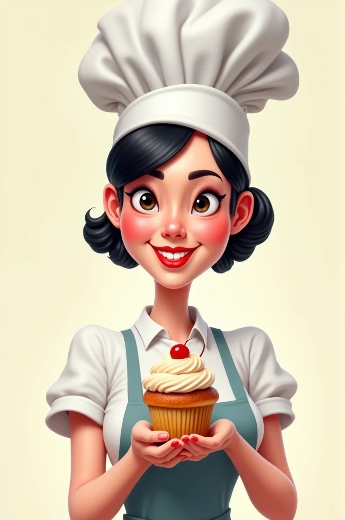 Create a caricature of a woman with hair cut above her shoulders and in black color. She is wearing a pastry chef outfit and holding a cupcake.