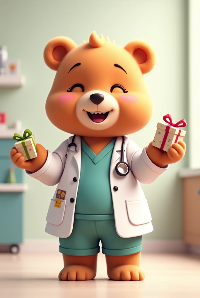 A cute 2D female bear wearing doctor clothes, with a smile, giving a gift
