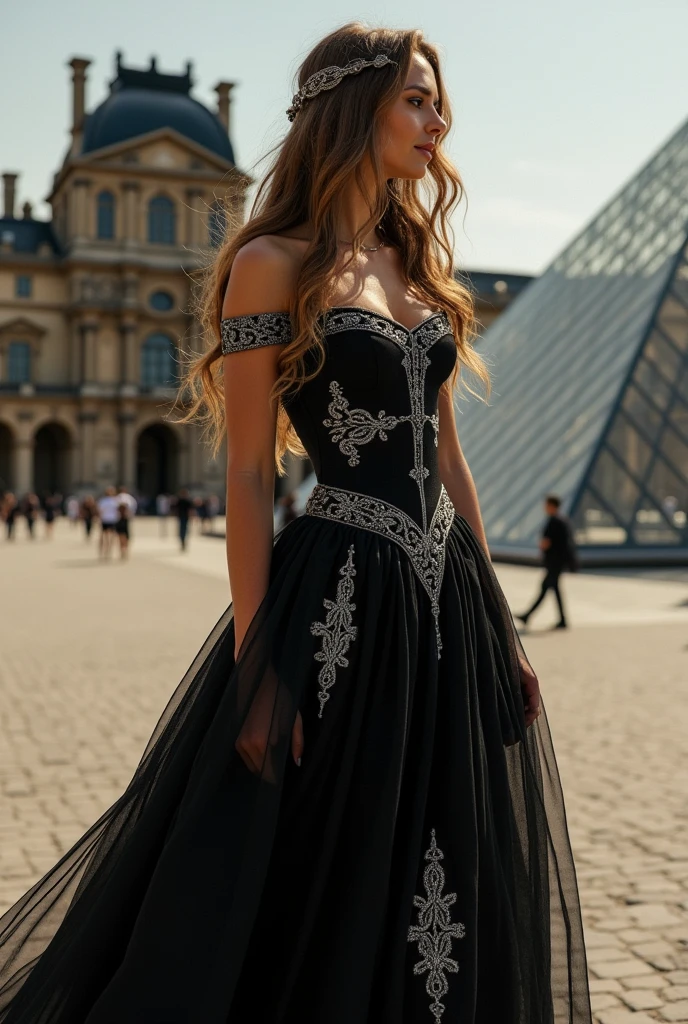 A breathtaking, full-length, elegantly full-length Celtic woman wearing a short, flowing black dress adorned with intricate silver embroidery and delicate Celtic knot patterns. Her long, wavy hair cascades down her shoulders. The background is the Louvre museum in Paris. The scene has a charming, almost mystical quality reminiscent of classical painting styles, emphasizing beauty and nature in harmony.