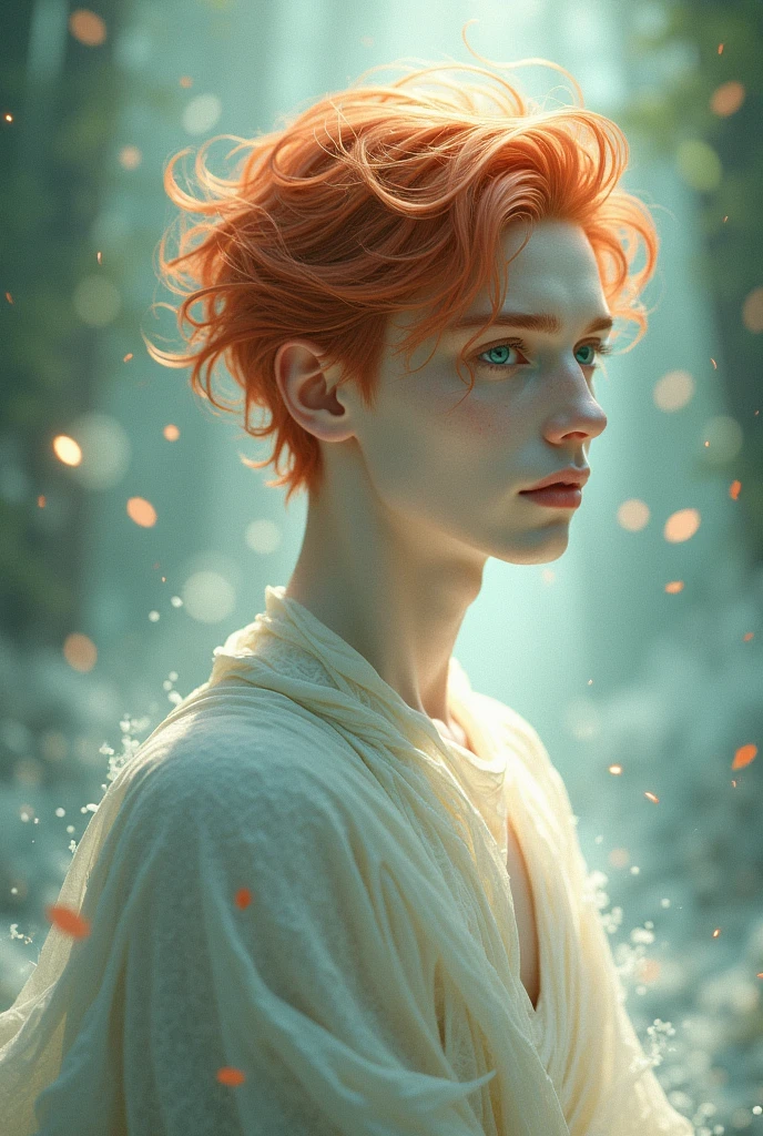 A somewhat androgynous male deity with snow-white skin and red hair, emerald or blue eyes, short stature like 1:68