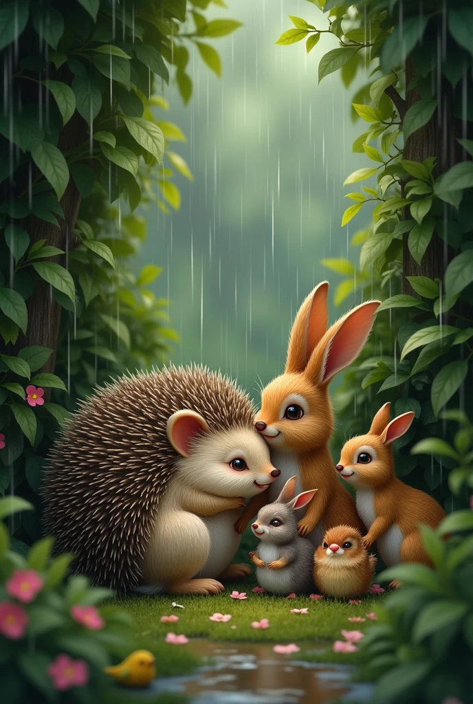 Hedgehog curled up in a tall bush while it rains with a cute hare and too many other varieties of animals like rabbits, Birds and squirrels huddle next to him
