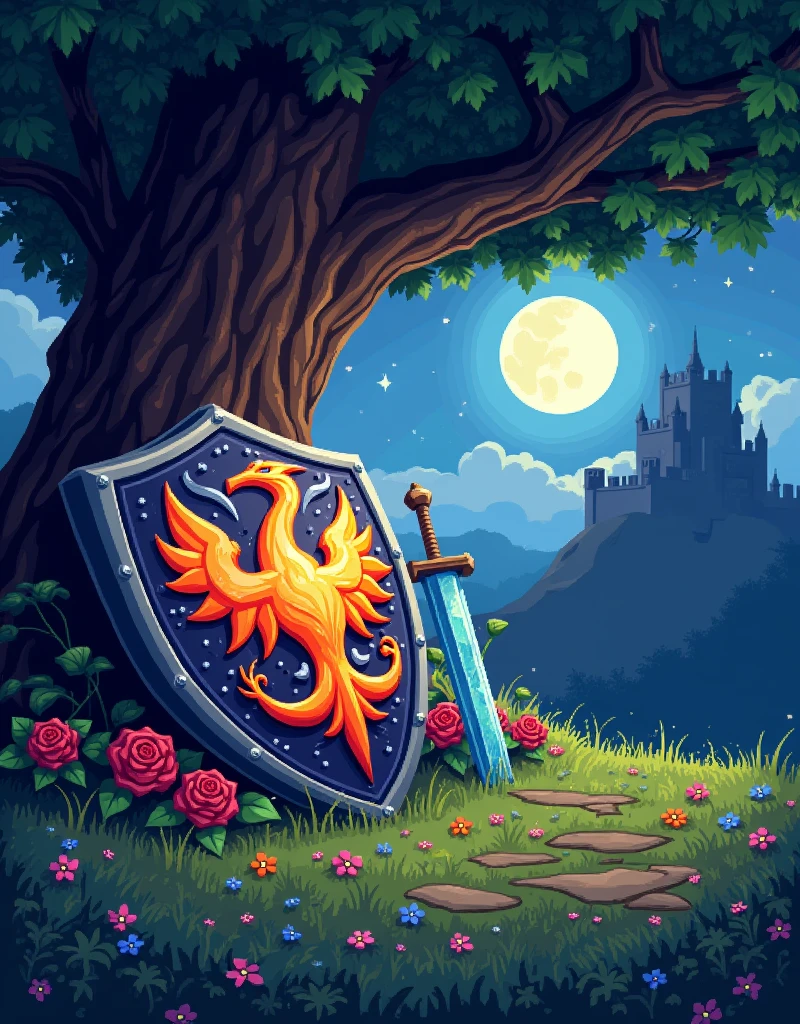 16bit pixel style, close-up of big ornate legendary shield with a light blue fiery phoenix image on it. The shield image also has roses. The shield rests below an oak tree on the grassy ground dotted with beautiful flowers, a long crystal sword lies on the ground the nearby. Marble citadel with heavy fortifications upon the hill in the distance. Moonlit starry night.
