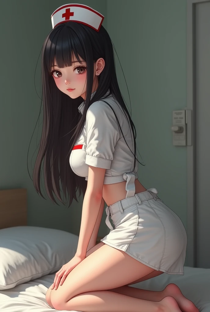extremely realistic, picture, Long black hair, cat eyes, girl, 3, hourglass shape, perfect body, A frivolous expression, very detailed artgerm, art german style, 35mm lens, blurred background, She is leaning over, She stretches towards the camera., She's wearing a sexy, baggy nurse outfit., long legs, touch one's legs, sexy legs, Charming bridges, whole body picture, whole body portrait from behind, whole body, wide shot, wide angle, Full anime figure, Tight panties under the skirt, You can see Percy's details under the panties, utlra sexy encouragement position