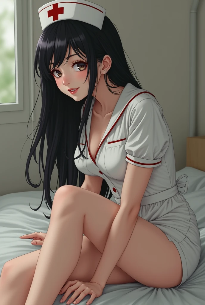 extremely realistic, picture, Long black hair, cat eyes, girl, 3, hourglass shape, perfect body, A frivolous expression, very detailed artgerm, art german style, 35mm lens, blurred background, She is leaning over, She stretches towards the camera., She's wearing a sexy, baggy nurse outfit., long legs, touch one's legs, sexy legs, Charming bridges, whole body picture, whole body portrait from behind, whole body, wide shot, wide angle, Full anime figure, Tight panties under the skirt, You can see Percy's details under the panties, utlra sexy encouragement position