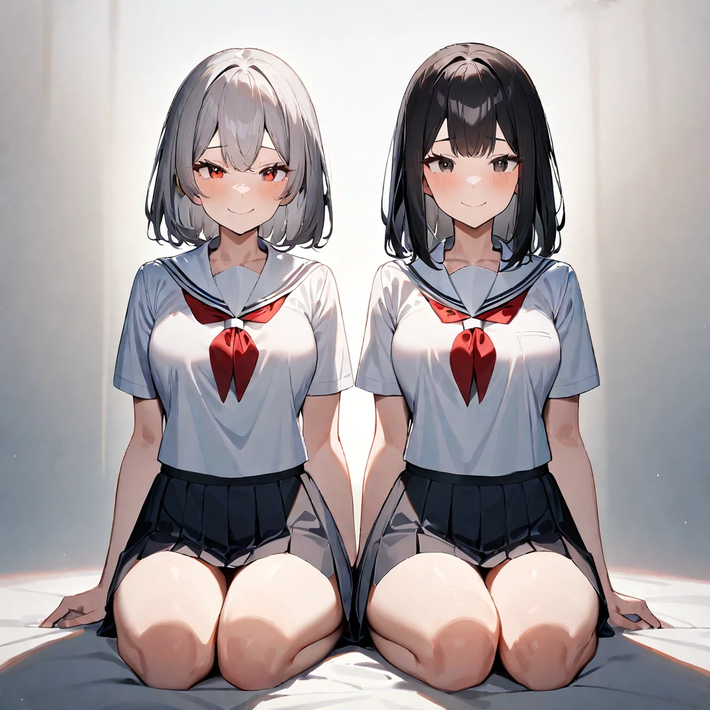 (2girls),adult,smile,school_uniform,White sailor,bareLegs,feet,barefoot,medium hair.black hair,gray hair,black eyes,red eyes,medium_breasts,breasts,masterpiece, best quality, very aesthetic, absurdres,front View,(straight-on),side by side,seiza,light,Between on Legs