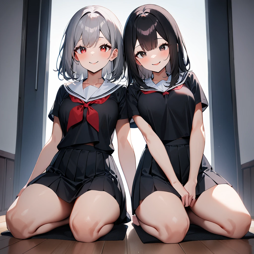 (2girls),adult,smile,school_uniform,White sailor,bareLegs,feet,barefoot,medium hair.black hair,gray hair,black eyes,red eyes,medium_breasts,breasts,masterpiece, best quality, very aesthetic, absurdres,front View,(straight-on),side by side,seiza,light,Between on Legs
