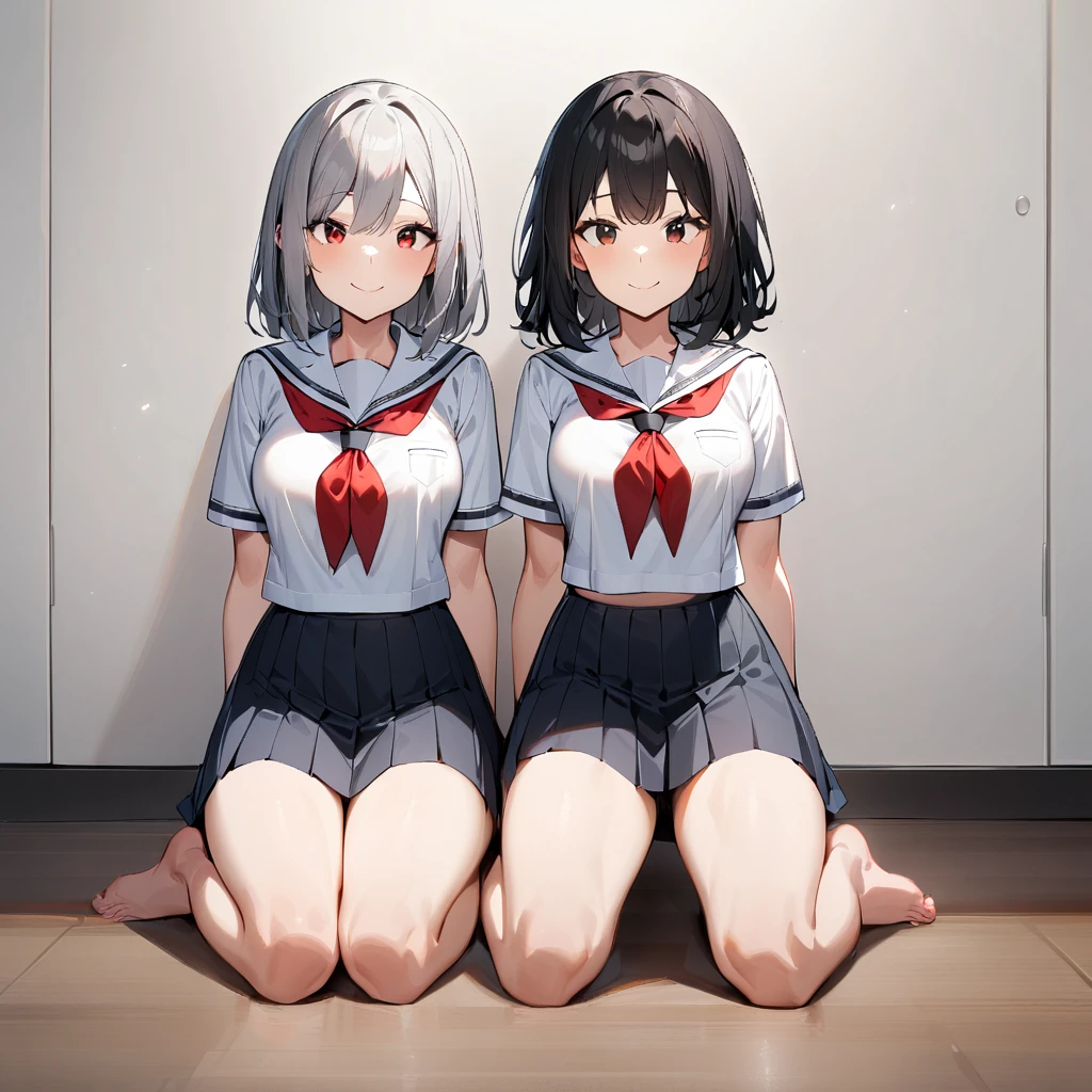 (2girls),adult,smile,school_uniform,White sailor,bareLegs,feet,barefoot,medium hair.black hair,gray hair,black eyes,red eyes,medium_breasts,breasts,masterpiece, best quality, very aesthetic, absurdres,front View,(straight-on),side by side,seiza,light,Between on Legs