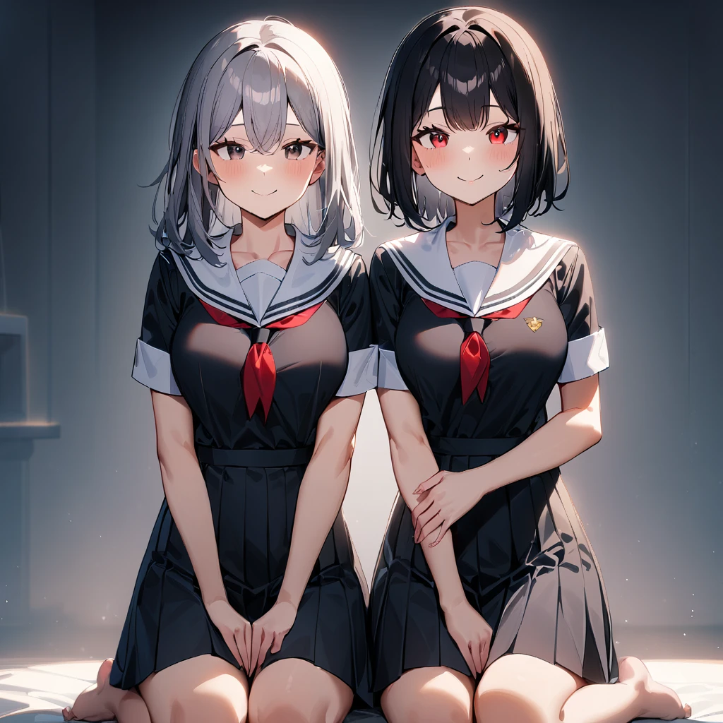 (2girls),adult,smile,school_uniform,White sailor,bareLegs,feet,barefoot,medium hair.black hair,gray hair,black eyes,red eyes,medium_breasts,breasts,masterpiece, best quality, very aesthetic, absurdres,front View,(straight-on),side by side,seiza,light,Between on Legs