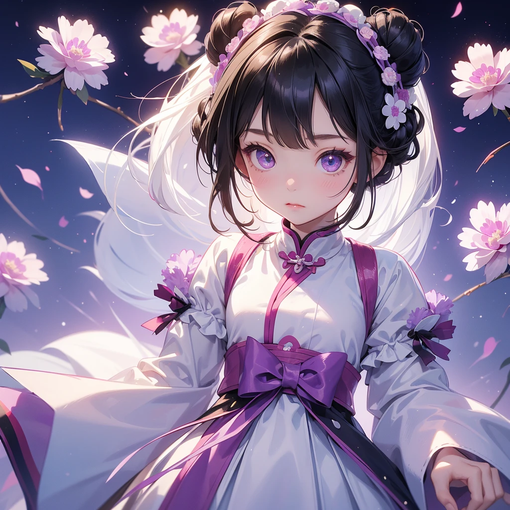 A chibi child girl had a small face and Wearing white little Taoist priest's outfit, A pair of big round eyes shone with curiosity about him, This child was so cute, her hair is black with two buns on her hair, Purple carnations surround.



