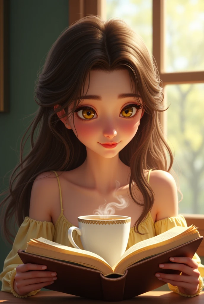 Sitting by a window with a cup of tea, her bright yellow eyes scanning the pages of a book, lost in thought. The character has long, straight, messy, browns hair, bright yellow eyes, snow-white skin, a perfect and delicate face, she is very beautiful and is 2, make the image in the Pixar style Disney, in 9:16 format.