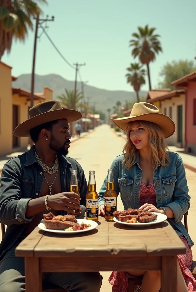 Kanye West grilled beef with Taylor Swift, They both hold a Corona beer, They both dress like ranchers, in some neighborhood of Monterrey, mexico