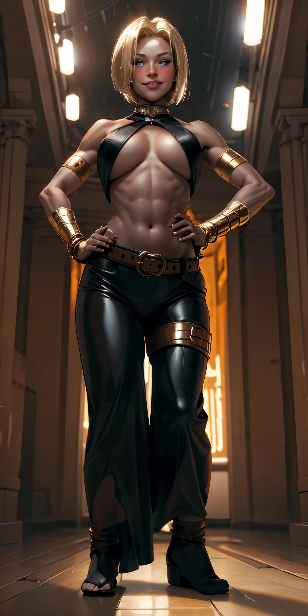 full body, whole body, solo, female, big breast (Android 18 Face) yellow bikini, hands on hips, hands on waist, navel, lustful smirking smiling, smile face (red blushed, red cheeks) metal shoulders, gold sleeveless armbands, black leather choker collar, shackle bracelet, pauldrons, breastplate, leather corset, eye focus, loincloth standing, metal sandals, twin big belt, view from below, feet together, bracers, tiara