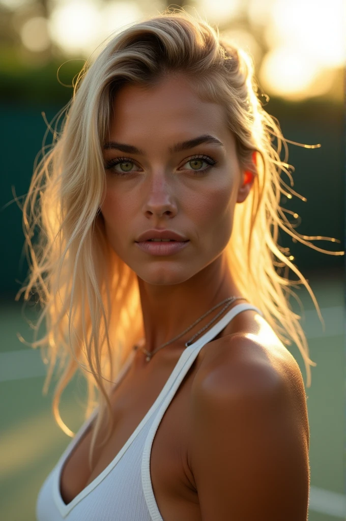 A captivating close-up portrait of a tennis player, plonde hair is styled in a sleek, modern way, wears a stylish, low-cut sports top. The warm, golden ight of the late afternoon bathes her face in a soft, ethereal glow. The clean lines of the tennis court and the lush green surroundings provide a sophisticated and intimate backdrop, framing the scene perfectly., photography."