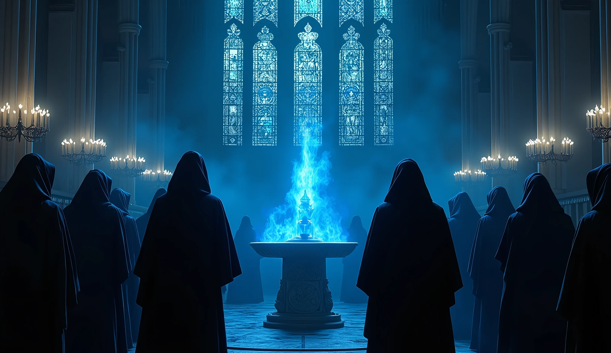 8k、large stained glass ,(number々の賞を受賞したmasterpiece、Incredible detail、Texture、Maximum details),blue flame candle, (summoning magic),(St George's Church in Lalibela at night (Church of Saint George) - Ethiopia), (dark ritual),(dark organization)arafed image of a group of people in a church with candles,lit candle, dark cinematic concept art, elegant cinematic fantasy art, photorealistic dark concept art, by Beeple, dark robes, wojtek fus, gothic epic library concept, gothic epic library, epic cinematic concept art, dark concept art, Beeple and mike winkelmann, symmetrical epic fantasy art, High resolution, masterpiece, Highest quality, Intricate details, Very detailed, Clear focus, practical skin texture, texture, Shot with Canon, 85mm, Shallow and deep, Kodak Vision Color, Exactly, Very detailed, photograph_\(Extremist\), photographpractical, practical, Post-processing, Maximum details, Roughness, Real Life, Extremist practical, Photorealism, photographgraphy, 8K Ultra HD, photographgraphy